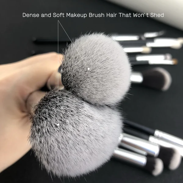 HMU Wholesale 15pcs Black And Silver Synthetic Hair Kabuki Vegan Custom Makeup Brush Private Label Make Up Brush Set With Bag