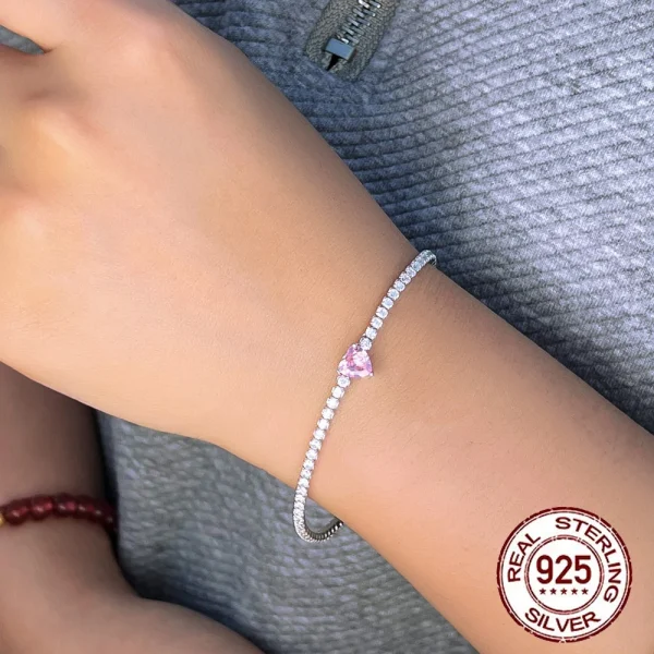 Gorgeous Fine Jewelry Cubic Zirconia Women 925 Sterling Silver Pink Love Heart Shaped Charm Bracelet for Ladies Jewellery